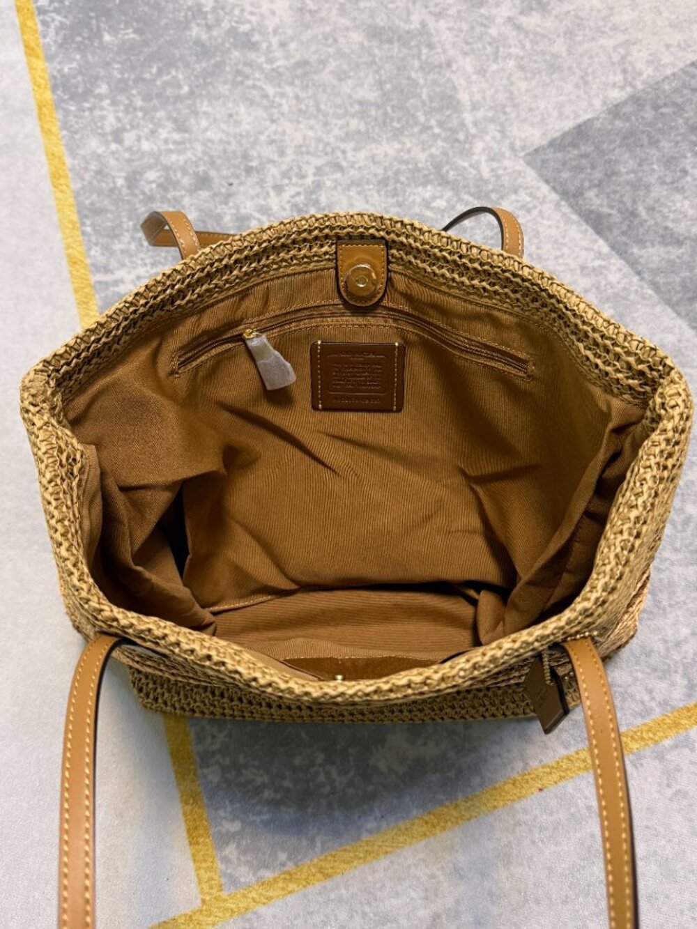 COACH Straw Tote in Tan and Brown Woven Stripe - Picture 5 of 7